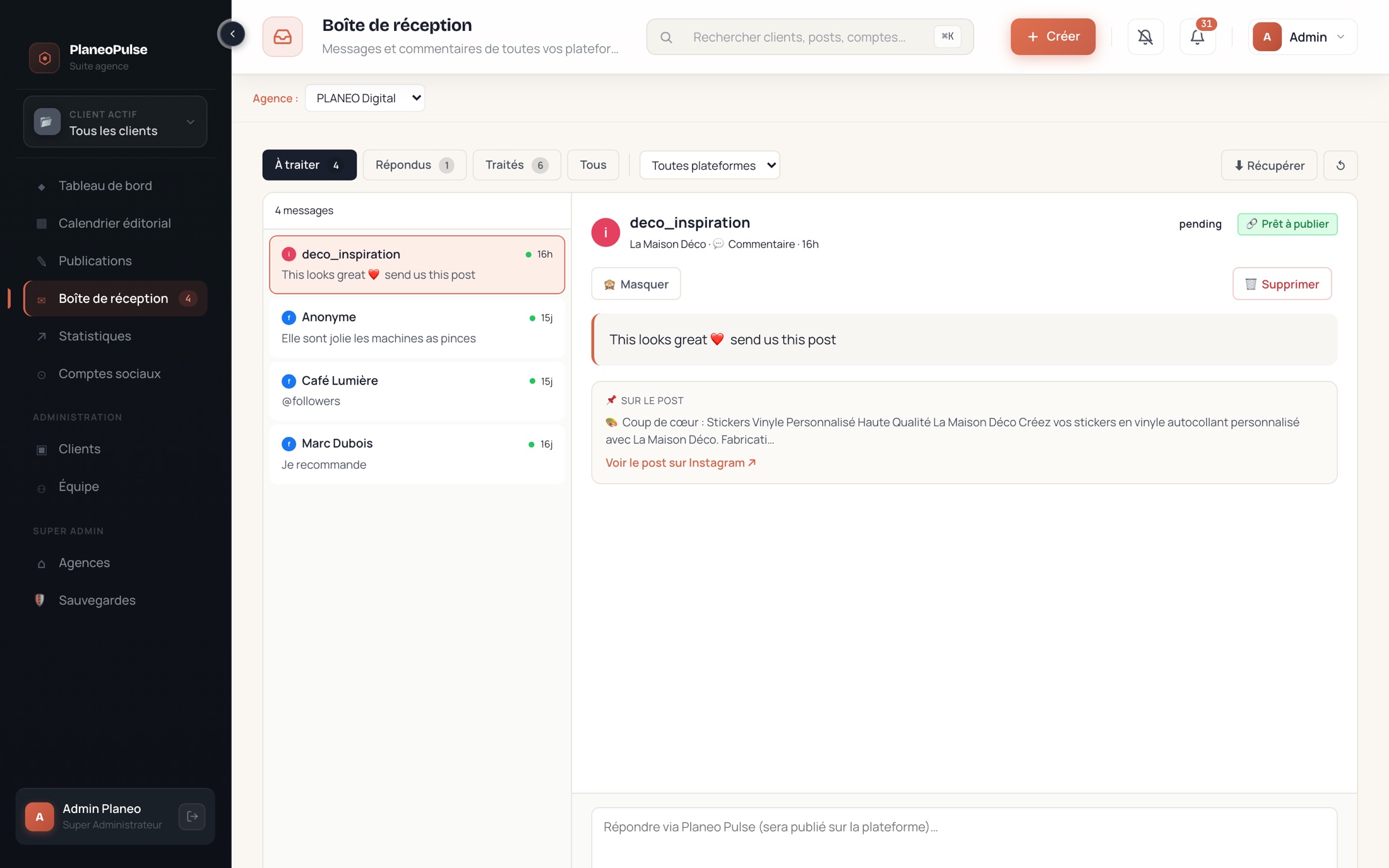 Tous vos messages. Une seule boîte. — aperçu réel de l'application Planeo Pulse