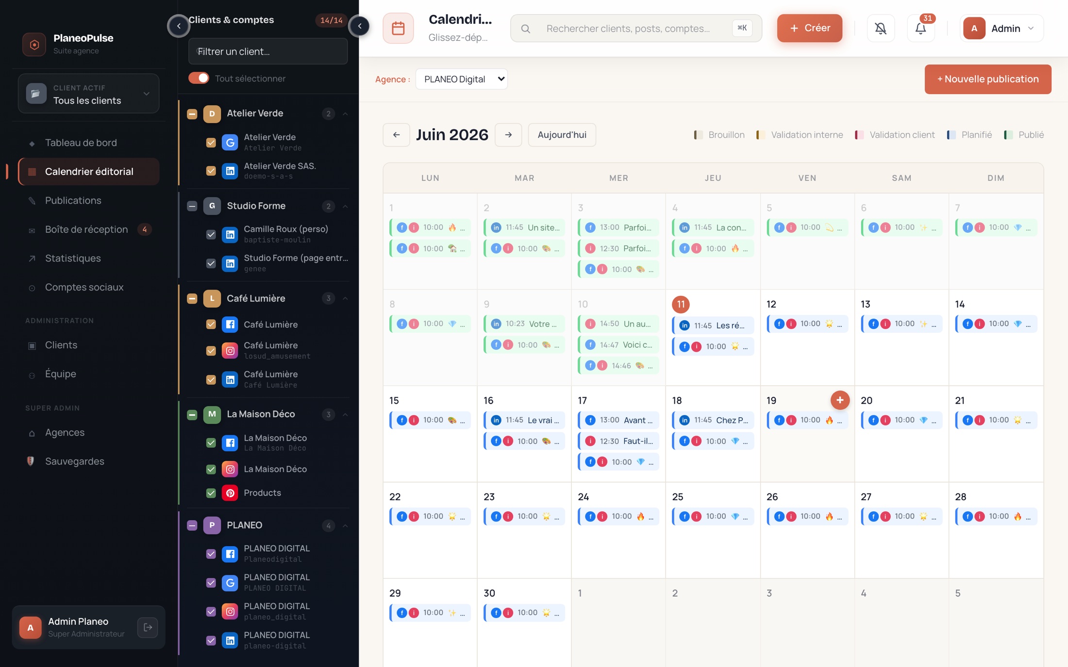 Le calendrier éditorial qui voit tout — aperçu réel de l'application Planeo Pulse