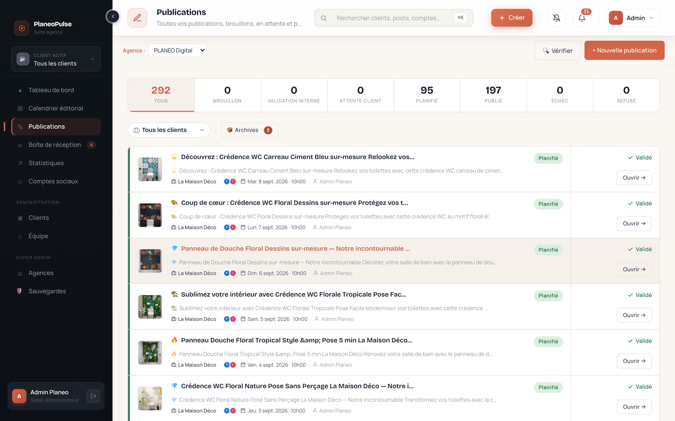 11 réseaux sociaux. Un seul envoi. — aperçu réel de l'application Planeo Pulse