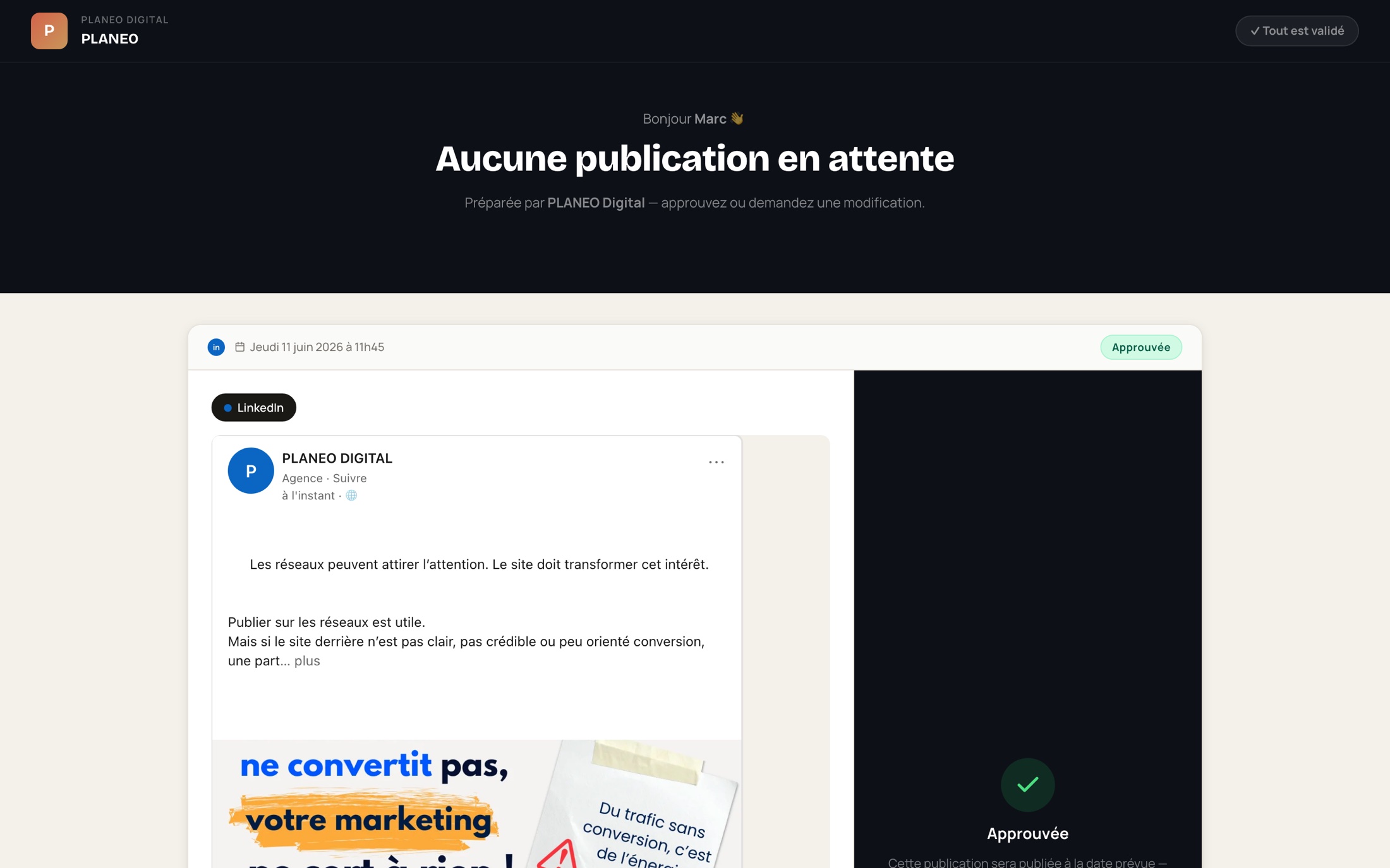 Vos clients valident en 1 clic. Plus jamais par email. — aperçu réel de l'application Planeo Pulse